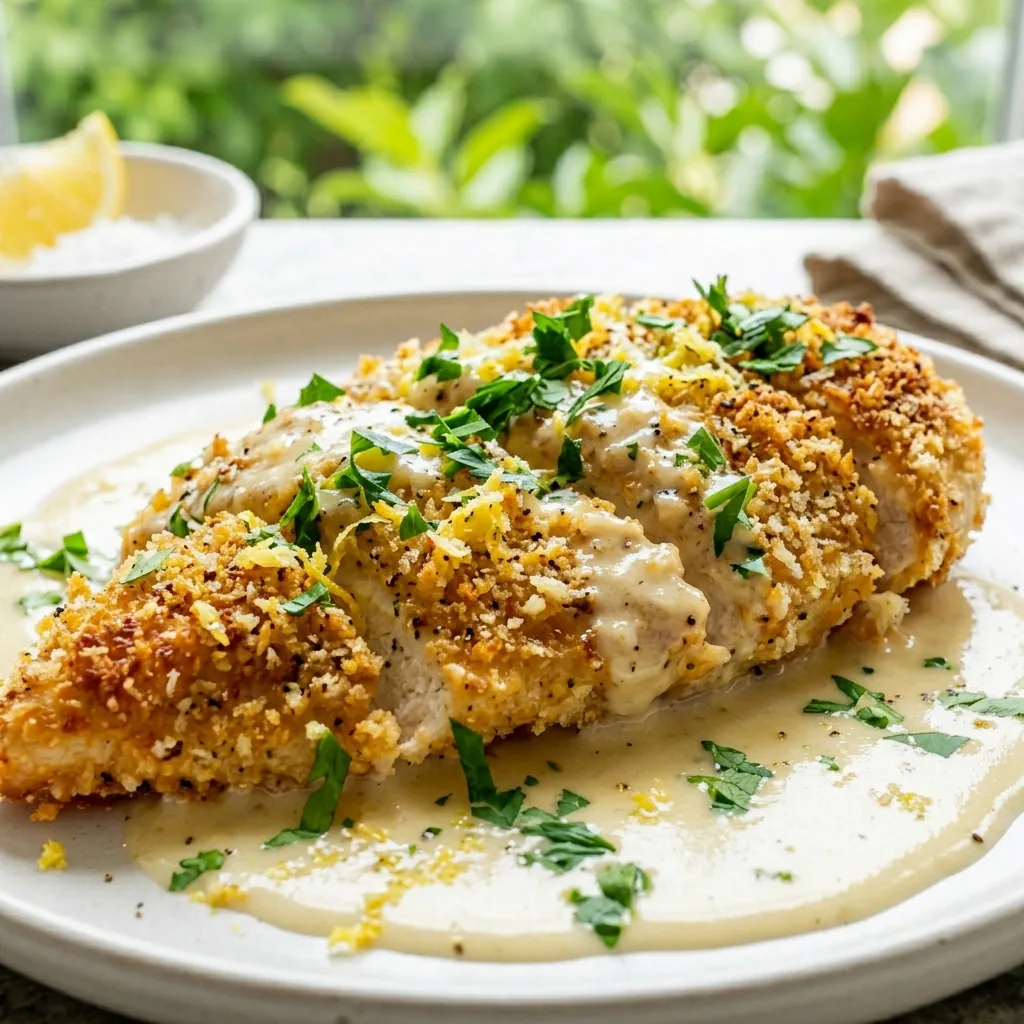 Lemon Pecorino Crusted Chicken with Creamy Lemon Sauce
