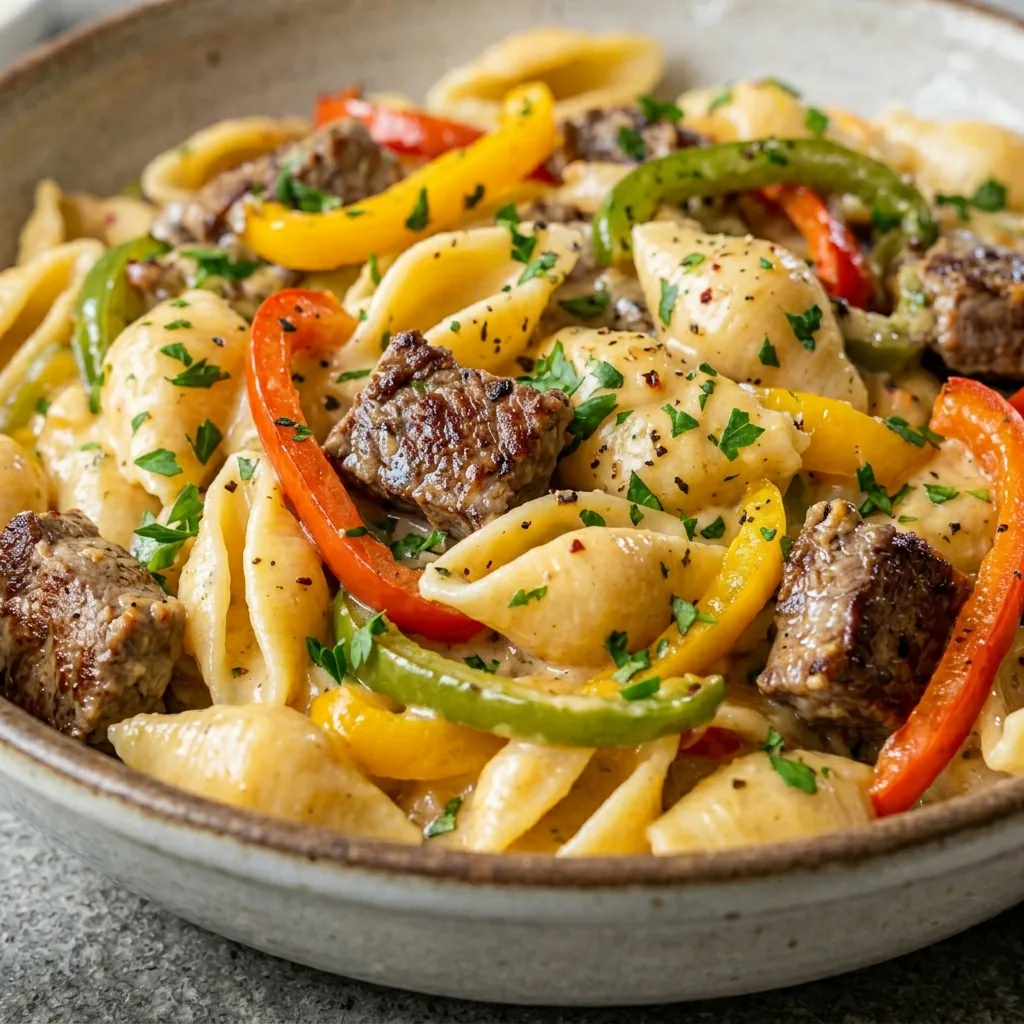 Creamy Cheddar Steak Pasta Shells with Bell Peppers