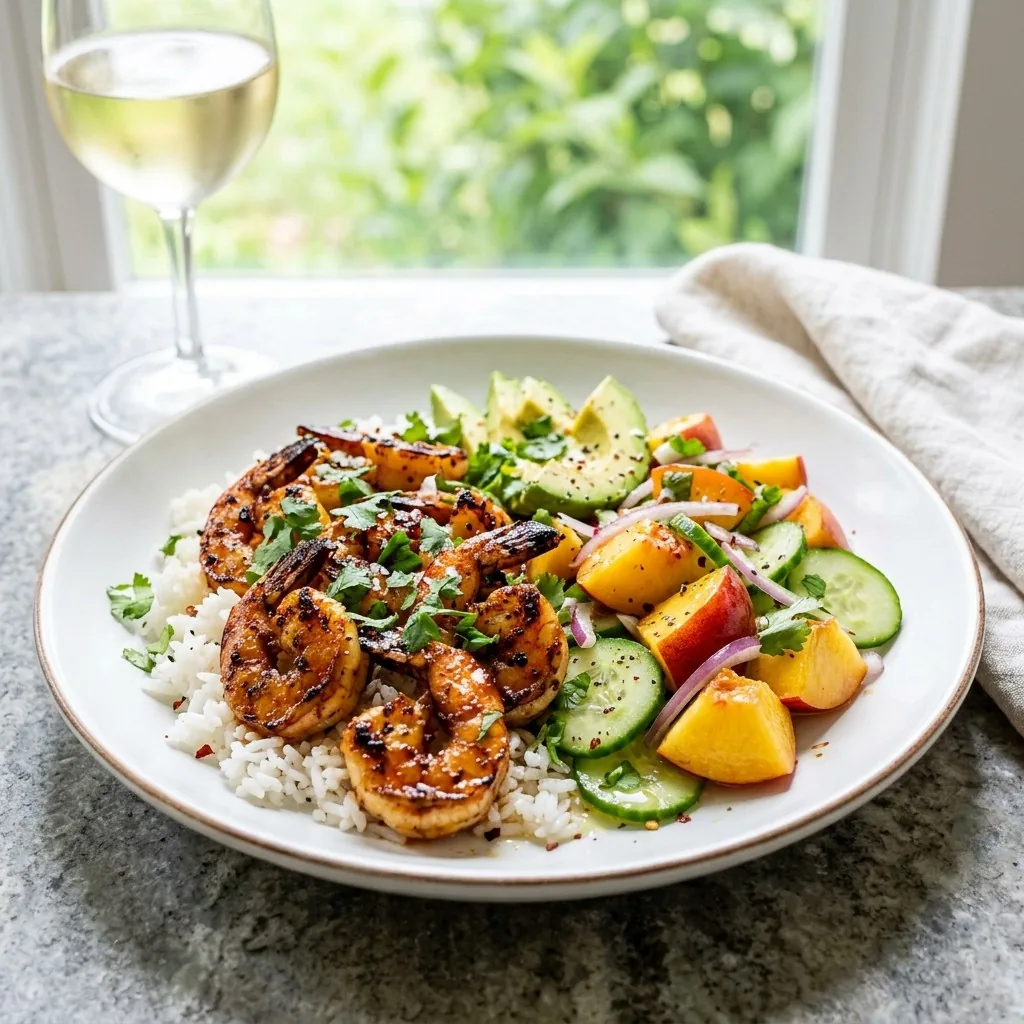 Spicy Shrimp Bowl with Rice and Peach Avocado Salad
